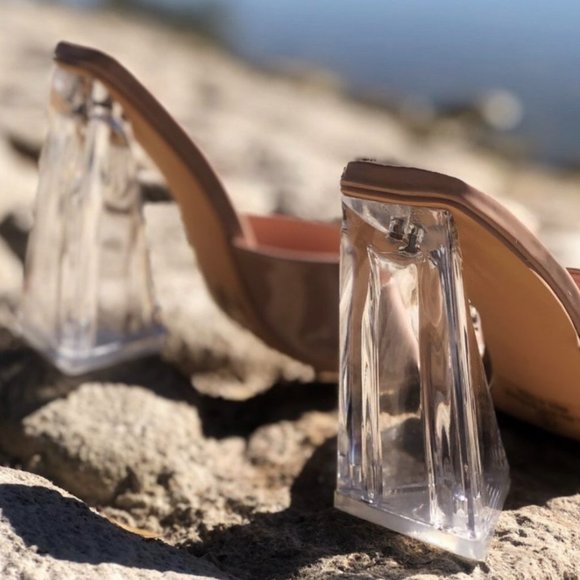 NEW Patent Clear Triangle High Block Heel Square Toe Slip On Sandals Mules Shoes - Picture 7 of 9